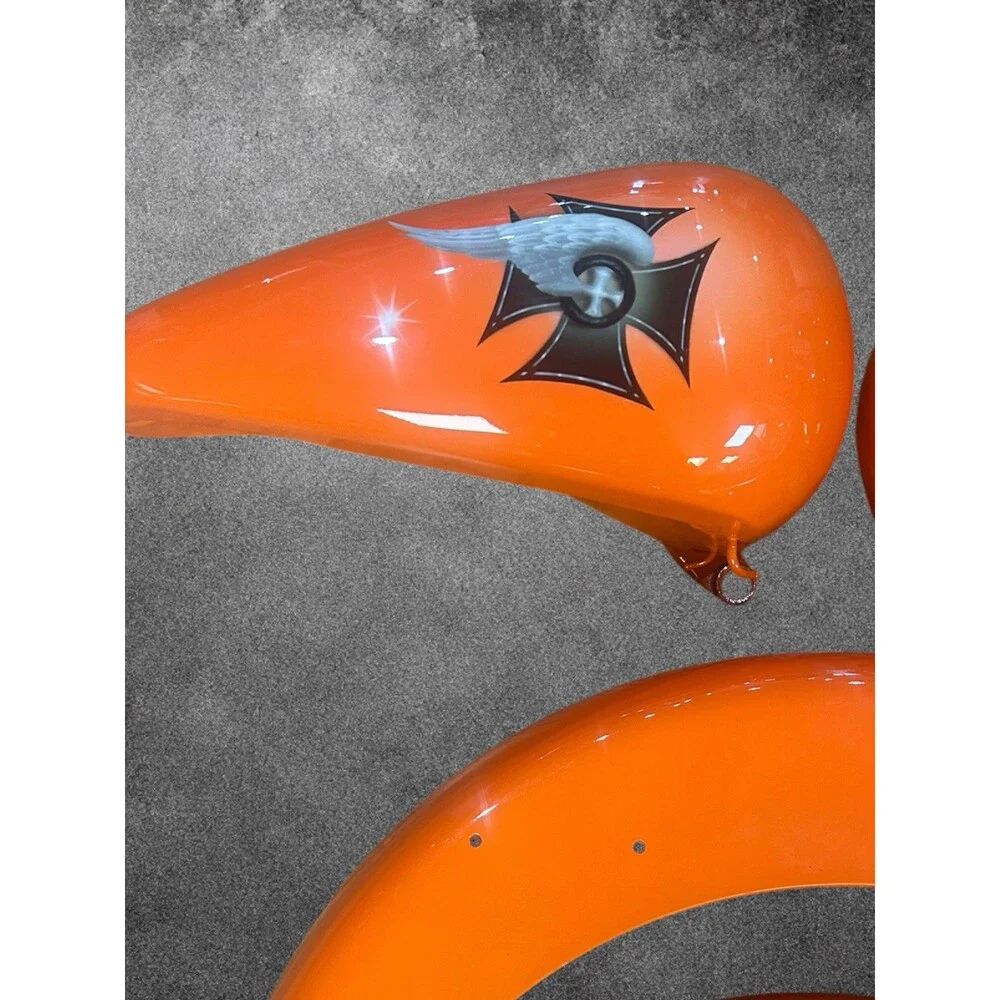 Custom Painted Chopper Tin Set – Gloss Orange with Winged Iron Cross
